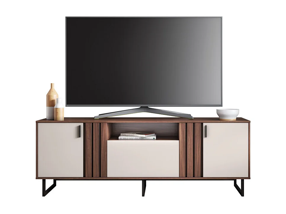 Meuble TV Bar 70 Pouces Noyer et Blanc 3 Portes 4 Niches Pieds Métal L 180 H 64 P 40.3 cm