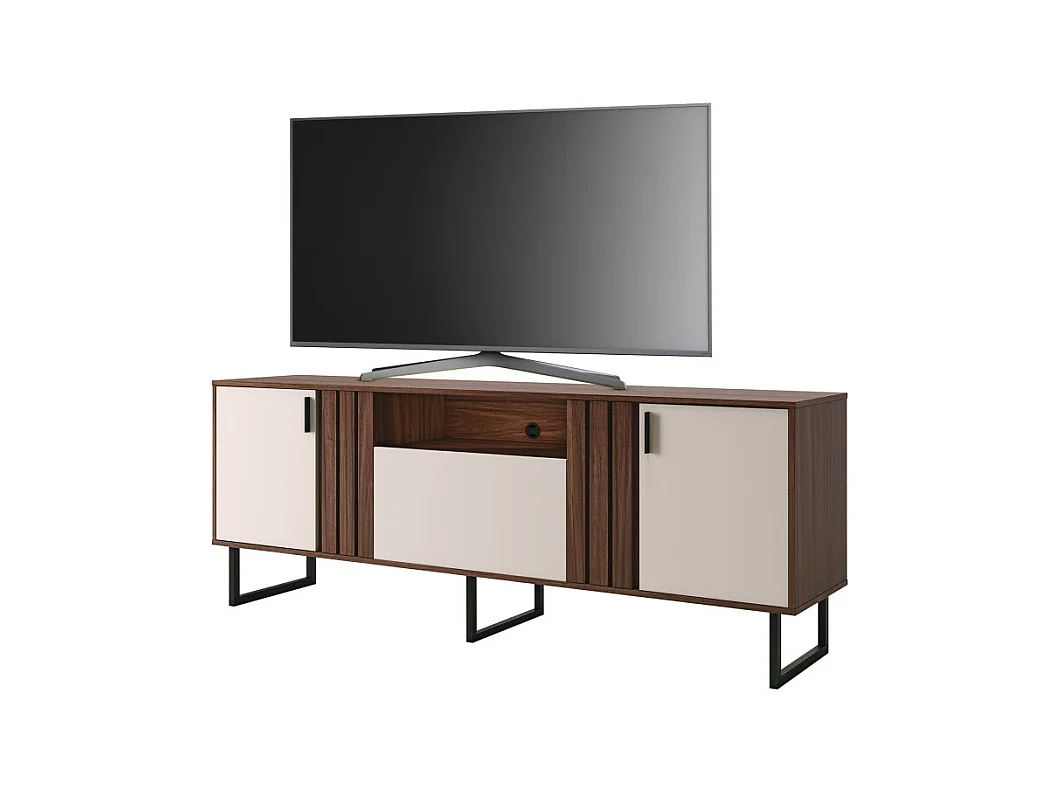 Meuble TV Bar 70 Pouces Noyer et Blanc 3 Portes 4 Niches Pieds Métal L 180 H 64 P 40.3 cm