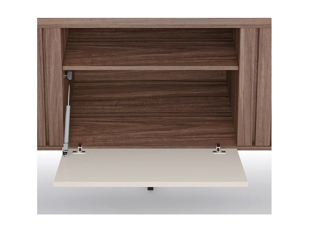 Meuble TV Bar 70 Pouces Noyer et Blanc 3 Portes 4 Niches Pieds Métal L 180 H 64 P 40.3 cm