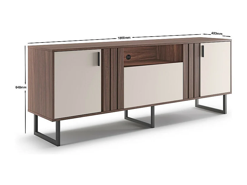 Meuble TV Bar 70 Pouces Noyer et Blanc 3 Portes 4 Niches Pieds Métal L 180 H 64 P 40.3 cm