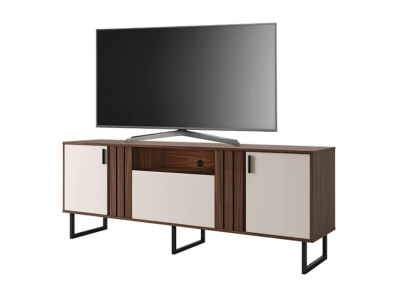 Meuble TV Bar 70 Pouces Noyer et Blanc 3 Portes 4 Niches Pieds Métal L 180 H 64 P 40.3 cm