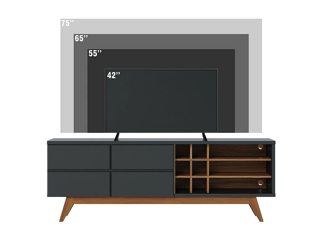 Meuble TV 75 Pouces Noir et Chêne Pieds Bois 2 Portes 11 Niches L 180 H 64.2 P 36.5 cm