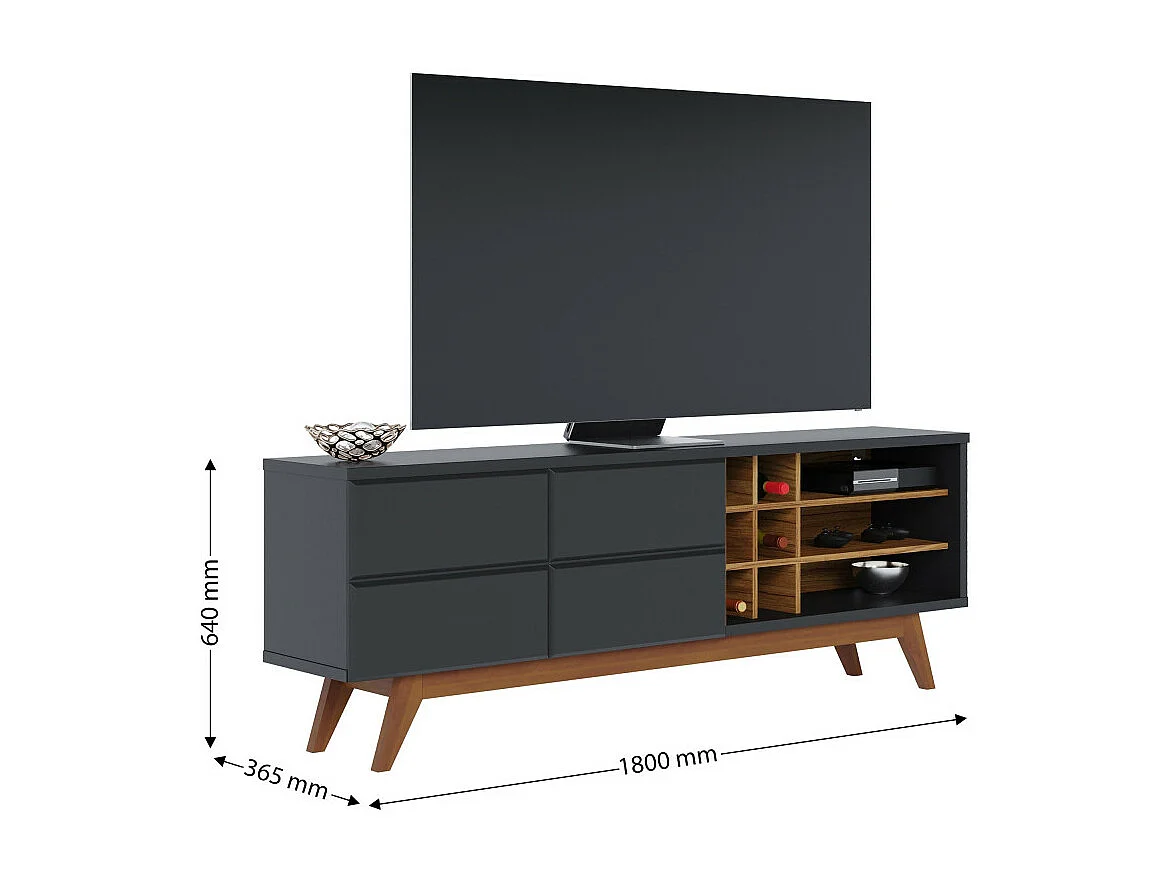 Meuble TV 75 Pouces Noir et Chêne Pieds Bois 2 Portes 11 Niches L 180 H 64.2 P 36.5 cm