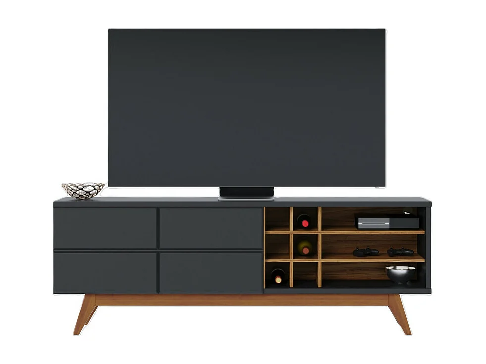 Meuble TV 75 Pouces Noir et Chêne Pieds Bois 2 Portes 11 Niches L 180 H 64.2 P 36.5 cm