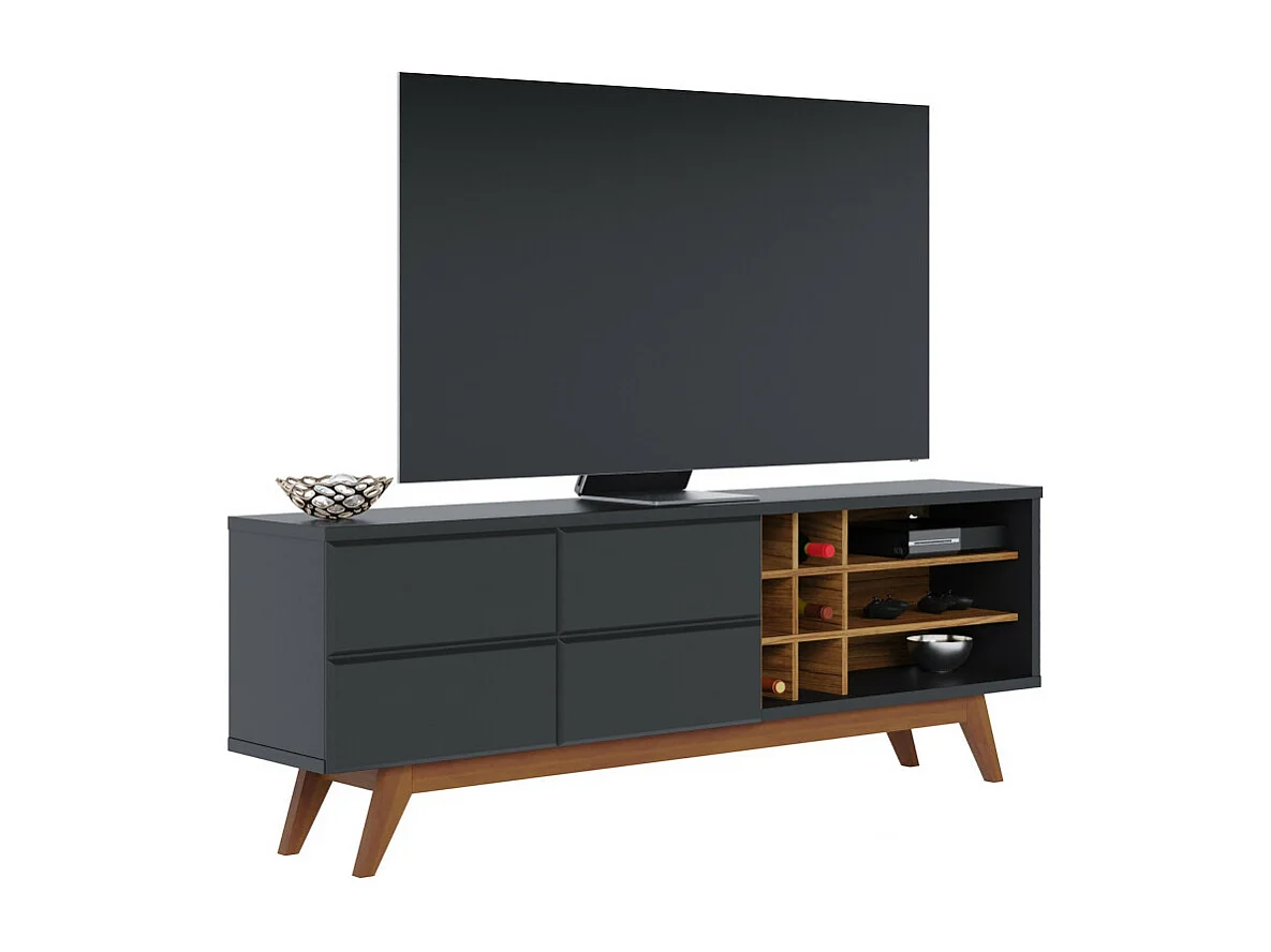 Meuble TV 75 Pouces Noir et Chêne Pieds Bois 2 Portes 11 Niches L 180 H 64.2 P 36.5 cm