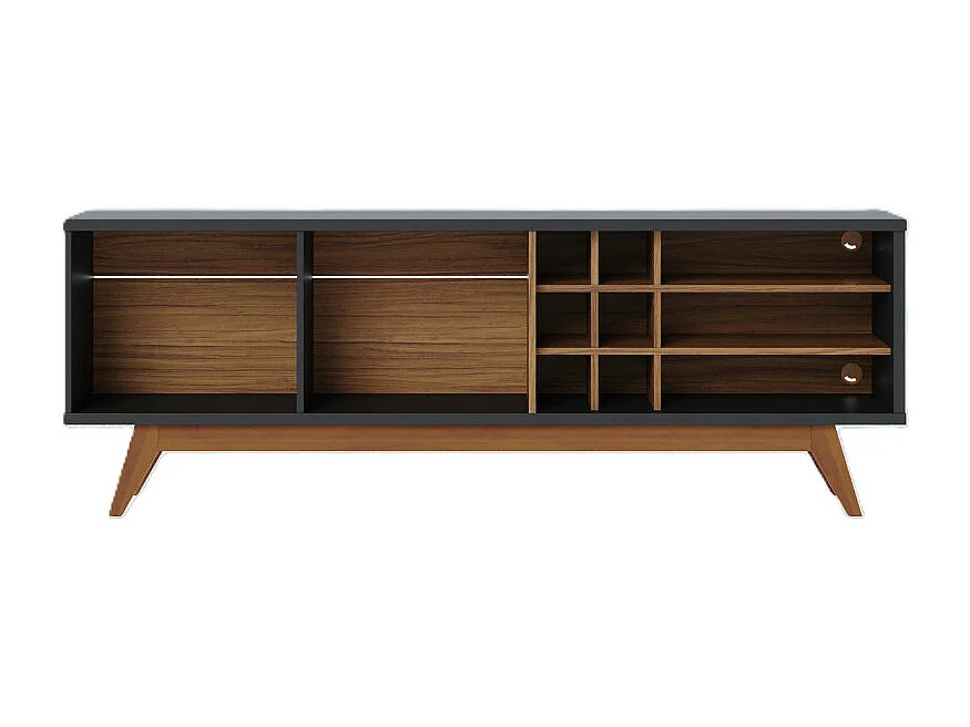 Meuble TV 75 Pouces Noir et Chêne Pieds Bois 2 Portes 11 Niches L 180 H 64.2 P 36.5 cm