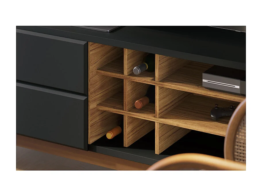 Meuble TV 75 Pouces Noir et Chêne Pieds Bois 2 Portes 11 Niches L 180 H 64.2 P 36.5 cm