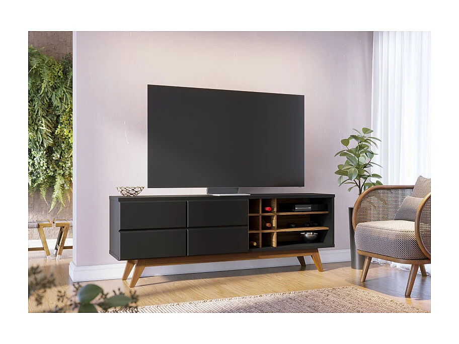 Meuble TV 75 Pouces Noir et Chêne Pieds Bois 2 Portes 11 Niches L 180 H 64.2 P 36.5 cm