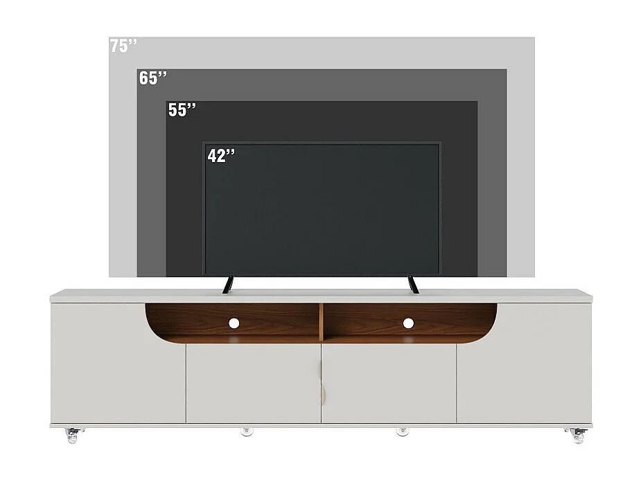 Meuble TV 75 Pouces Blanc et Chêne 4 Portes 8 Niches Roulettes L 200 H 55 P 38 cm