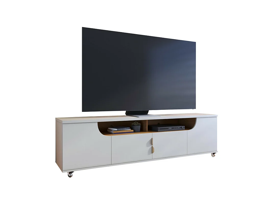 Meuble TV 75 Pouces Blanc et Chêne 4 Portes 8 Niches Roulettes L 200 H 55 P 38 cm
