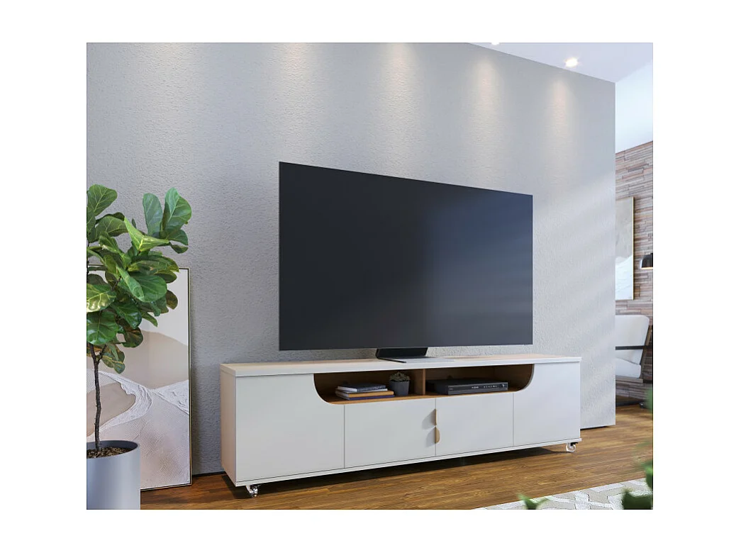 Meuble TV 75 Pouces Blanc Grisé et Chêne 4 Portes 8 Niches Roulettes L 200 H 55 P 38 cm