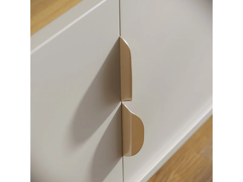 Meuble TV 75 Pouces Blanc Grisé et Chêne 4 Portes 8 Niches Roulettes L 200 H 55 P 38 cm