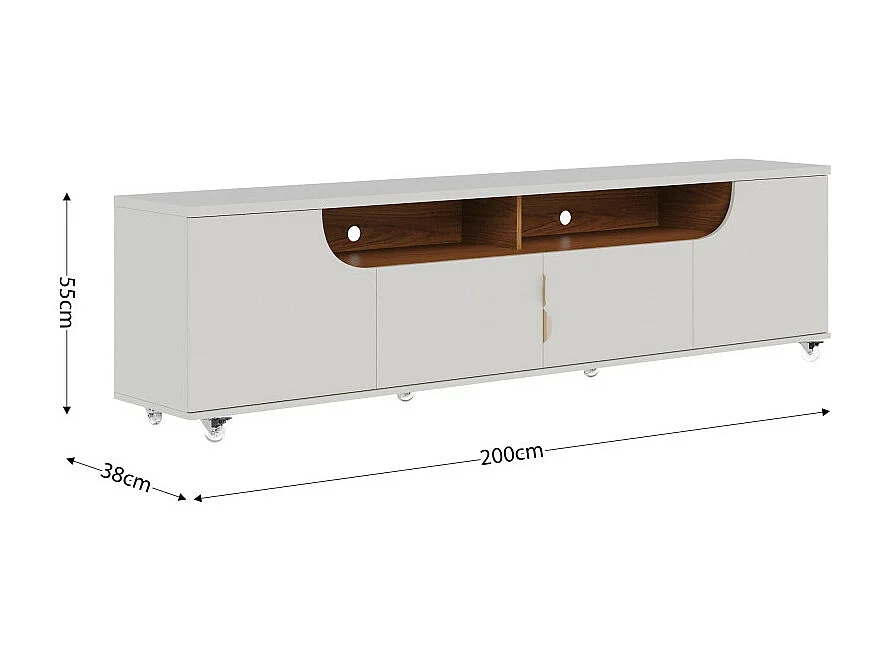 Meuble TV 75 Pouces Blanc Grisé et Chêne 4 Portes 8 Niches Roulettes L 200 H 55 P 38 cm