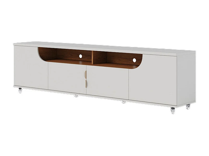 Meuble TV 75 Pouces Blanc Grisé et Chêne 4 Portes 8 Niches Roulettes L 200 H 55 P 38 cm
