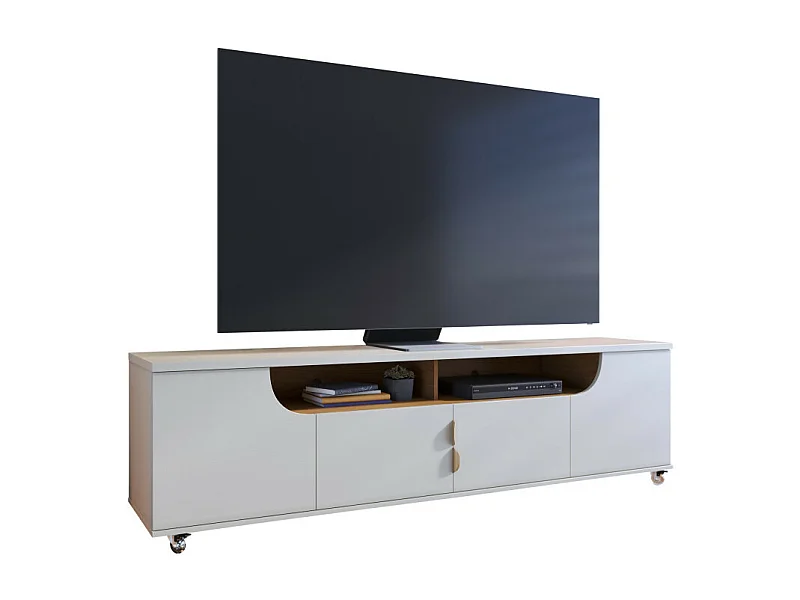 Meuble TV 75 Pouces Blanc et Chêne 4 Portes 8 Niches Roulettes L 200 H 55 P 38 cm