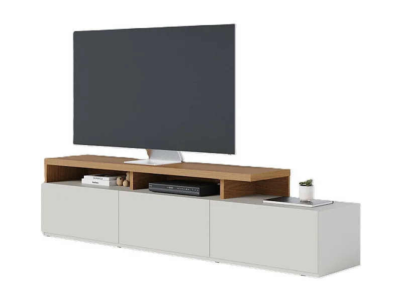 Meuble TV Bar 70 Pouces Chêne et Blanc 3 Portes 6 Niches L 210 H 50.6 P 45.3 cm