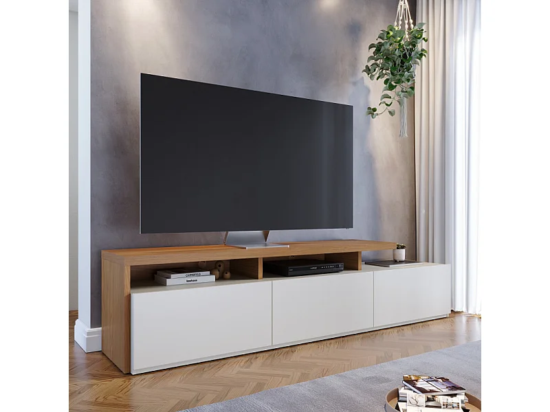Meuble TV Bar 70 Pouces Chêne et Blanc 3 Portes 6 Niches L 210 H 50.6 P 45.3 cm
