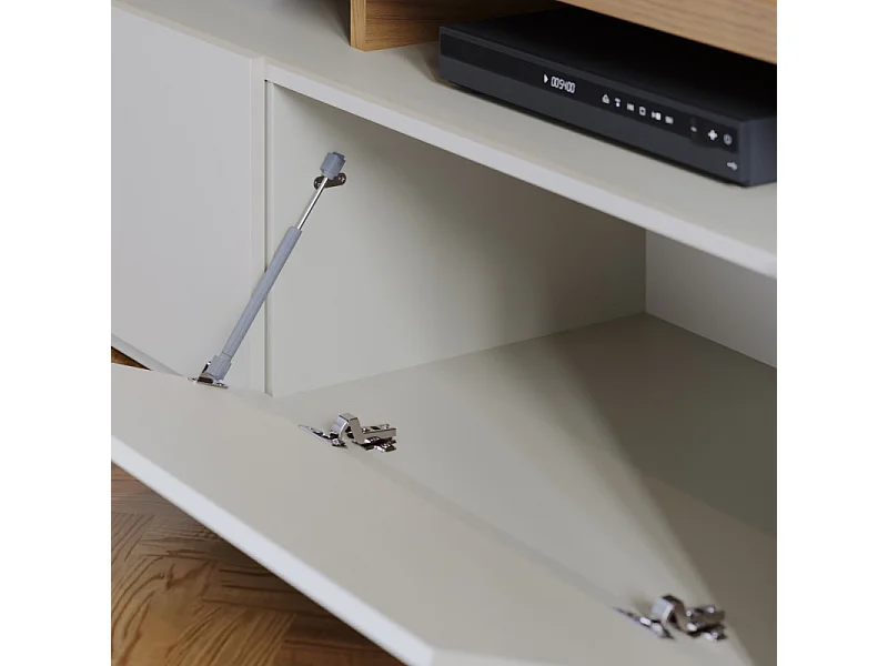 Meuble TV Bar 70 Pouces Chêne et Blanc 3 Portes 6 Niches L 210 H 50.6 P 45.3 cm