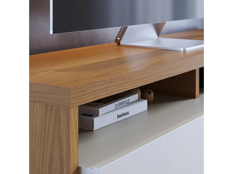 Meuble TV Bar 70 Pouces Chêne et Blanc 3 Portes 6 Niches L 210 H 50.6 P 45.3 cm