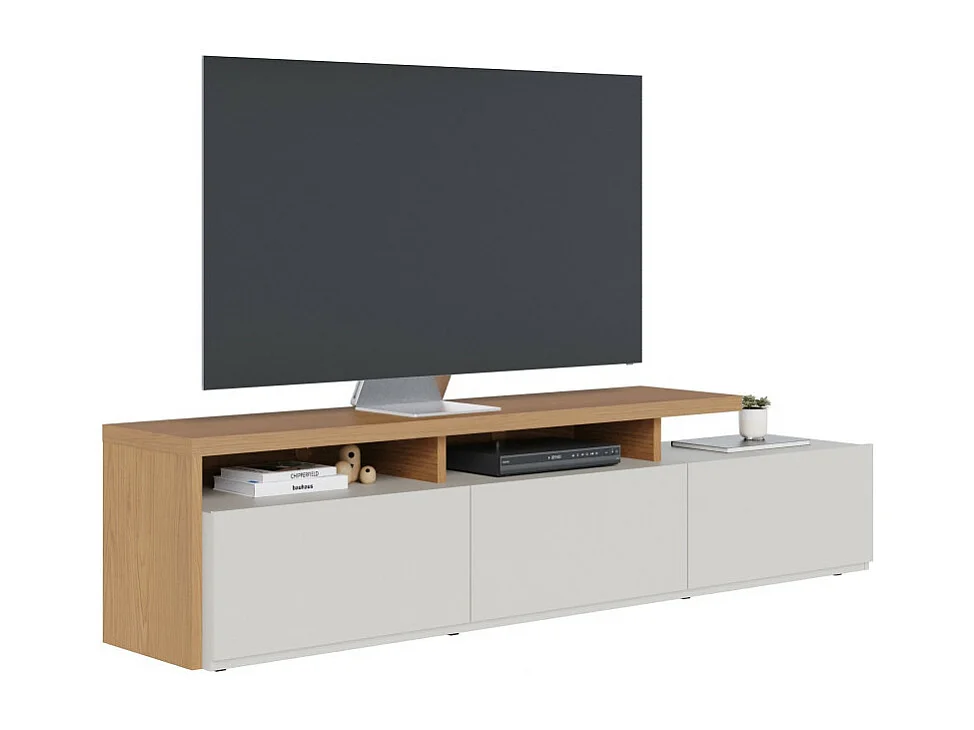 Meuble TV Bar 70 Pouces Chêne et Blanc 3 Portes 6 Niches L 210 H 50.6 P 45.3 cm