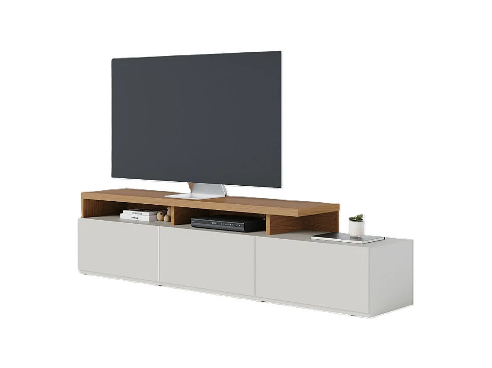 Meuble TV Bar 70 Pouces Chêne et Blanc 3 Portes 6 Niches L 210 H 50.6 P 45.3 cm