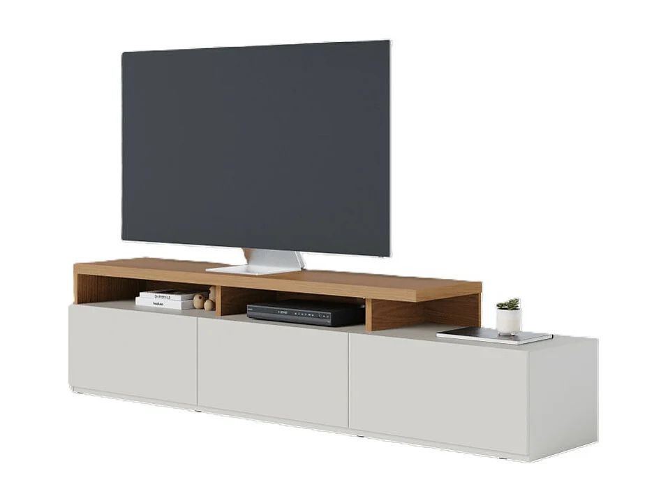 Meuble TV Bar 70 Pouces Chêne et Blanc Grisé 3 Portes 6 Niches L 210 H 50.6 P 45.3 cm