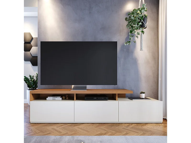 Meuble TV Bar 70 Pouces Chêne et Blanc Grisé 3 Portes 6 Niches L 210 H 50.6 P 45.3 cm