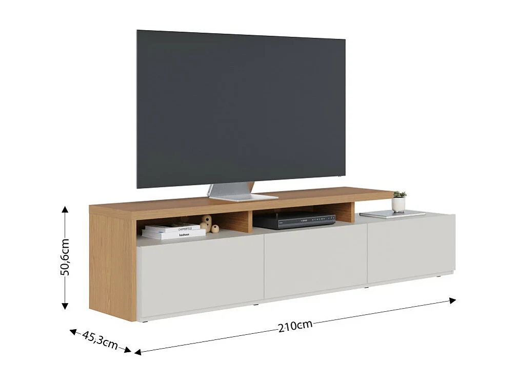 Meuble TV Bar 70 Pouces Chêne et Blanc Grisé 3 Portes 6 Niches L 210 H 50.6 P 45.3 cm