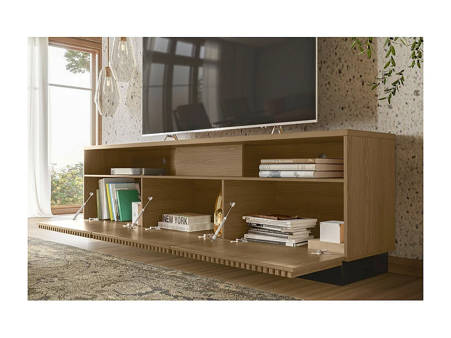 Meuble TV Bar 75 Pouces 4 Portes 5 Niches Noyer et Noir L 200 H 60.4 P 42 cm