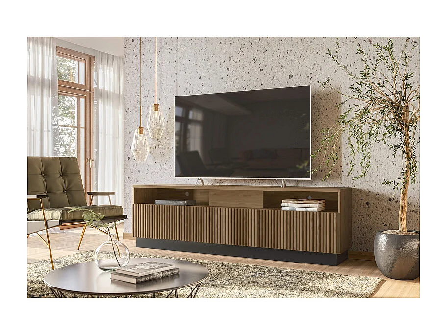 Meuble TV Bar 75 Pouces 4 Portes 5 Niches Noyer et Noir L 200 H 60.4 P 42 cm