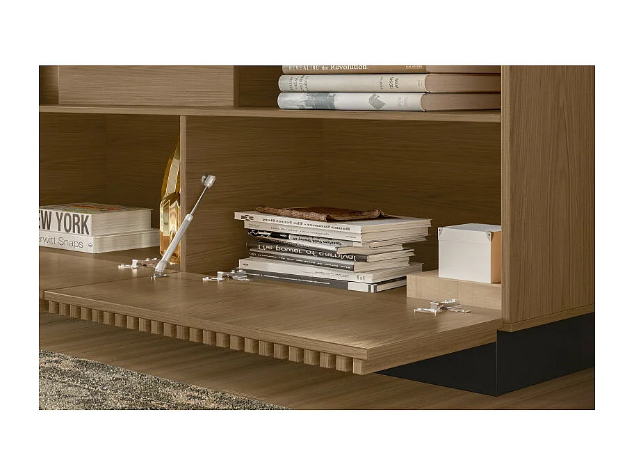 Meuble TV Bar 75 Pouces 4 Portes 5 Niches Noyer et Noir L 200 H 60.4 P 42 cm