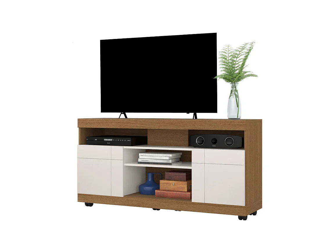 Meuble TV 47 Pouces Chêne et Blanc 2 Portes 5 Niches Roulettes L 136 H 69.8 P 37.4 cm
