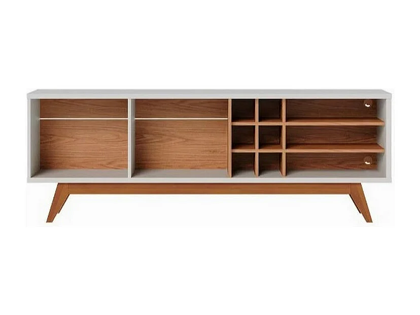 Meuble TV 75 Pouces Blanc et Chêne Pieds Bois 2 Portes 11 Niches L 180 H 64.2 P 36.5 cm