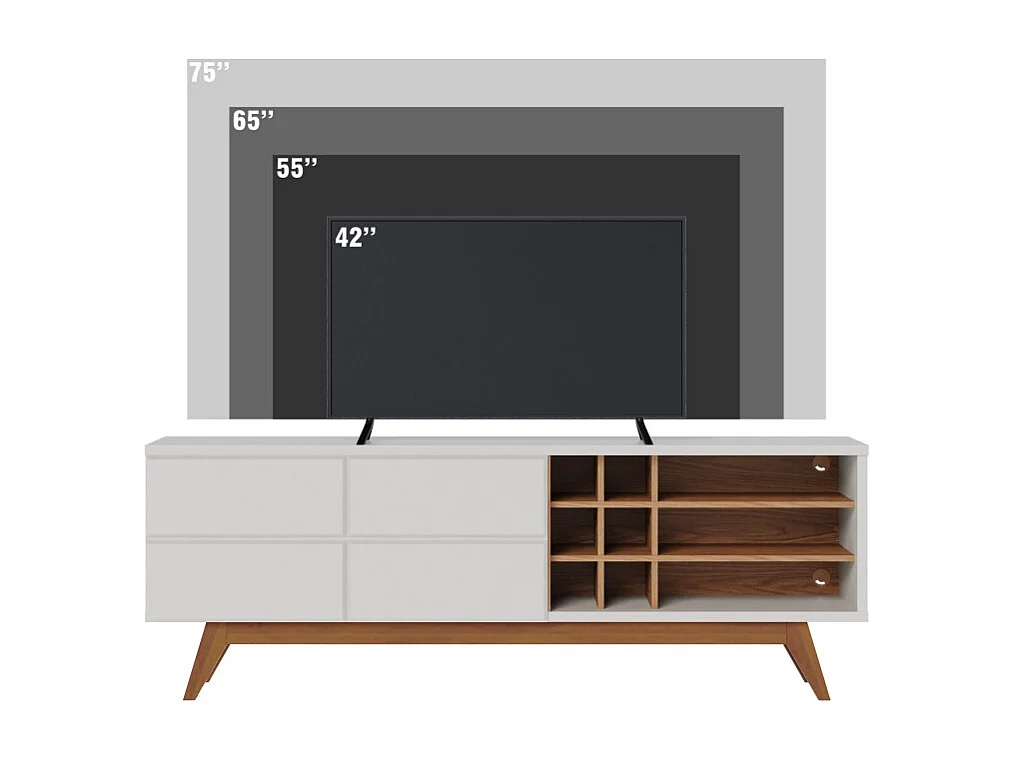 Meuble TV 75 Pouces Blanc et Chêne Pieds Bois 2 Portes 11 Niches L 180 H 64.2 P 36.5 cm