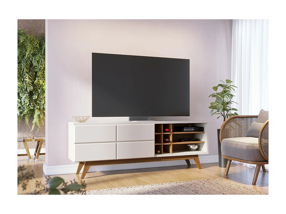 Meuble TV 75 Pouces Blanc et Chêne Pieds Bois 2 Portes 11 Niches L 180 H 64.2 P 36.5 cm