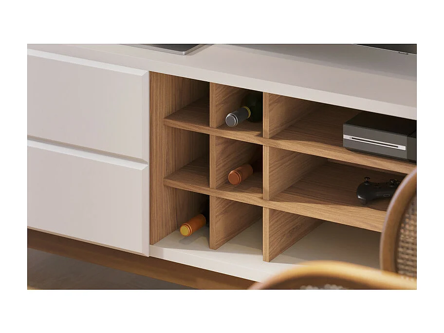 Meuble TV 75 Pouces Blanc et Chêne Pieds Bois 2 Portes 11 Niches L 180 H 64.2 P 36.5 cm