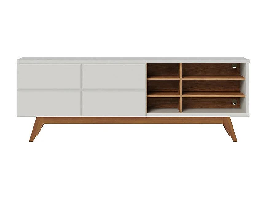 Meuble TV 75 Pouces Blanc et Chêne Pieds Bois 2 Portes 11 Niches L 180 H 64.2 P 36.5 cm