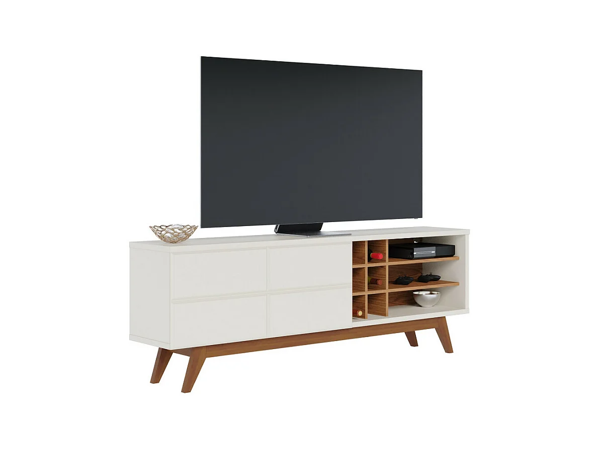 Meuble TV 75 Pouces Blanc et Chêne Pieds Bois 2 Portes 11 Niches L 180 H 64.2 P 36.5 cm