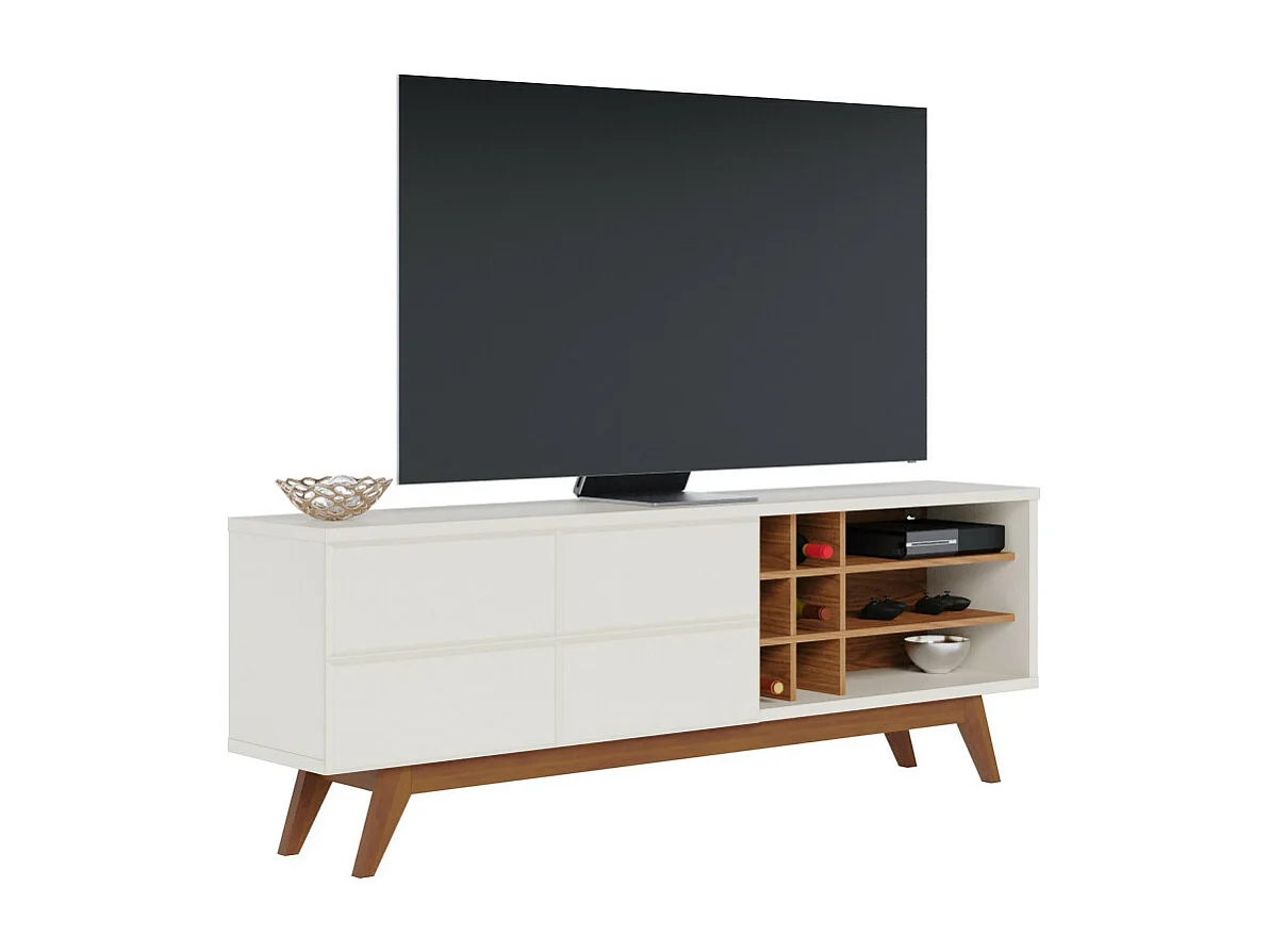 Meuble TV 75 Pouces Blanc Grisé et Chêne Pieds Bois 2 Portes 11 Niches L 180 H 64.2 P 36.5 cm