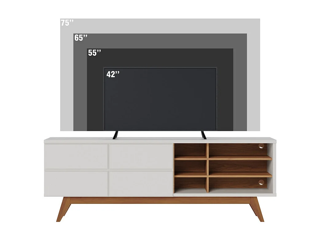 Meuble TV 75 Pouces Blanc Grisé et Chêne Pieds Bois 2 Portes 11 Niches L 180 H 64.2 P 36.5 cm