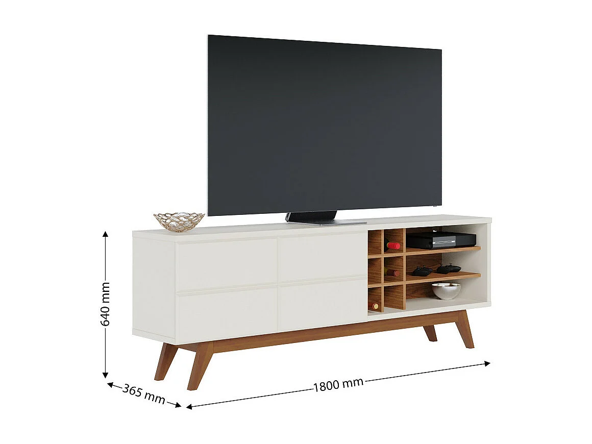 Meuble TV 75 Pouces Blanc Grisé et Chêne Pieds Bois 2 Portes 11 Niches L 180 H 64.2 P 36.5 cm