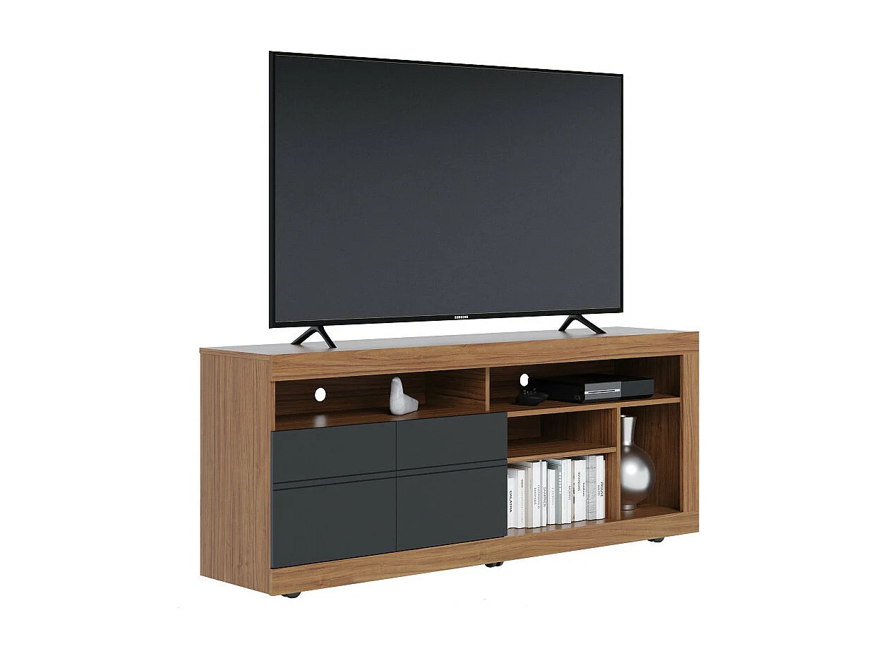 Meuble TV 65 Pouces Chêne et Anthracite 2 Portes 6 Niches Roulettes L 160 H 68 P 37.4 cm