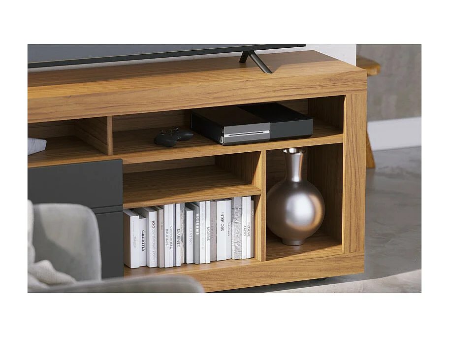 Meuble TV 65 Pouces Chêne et Anthracite 2 Portes 6 Niches Roulettes L 160 H 68 P 37.4 cm