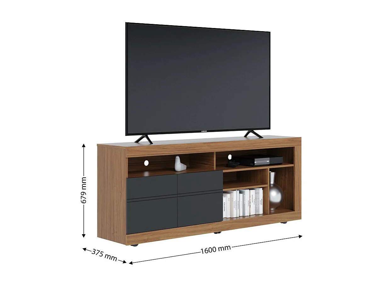 Meuble TV 65 Pouces Chêne et Anthracite 2 Portes 6 Niches Roulettes L 160 H 68 P 37.4 cm