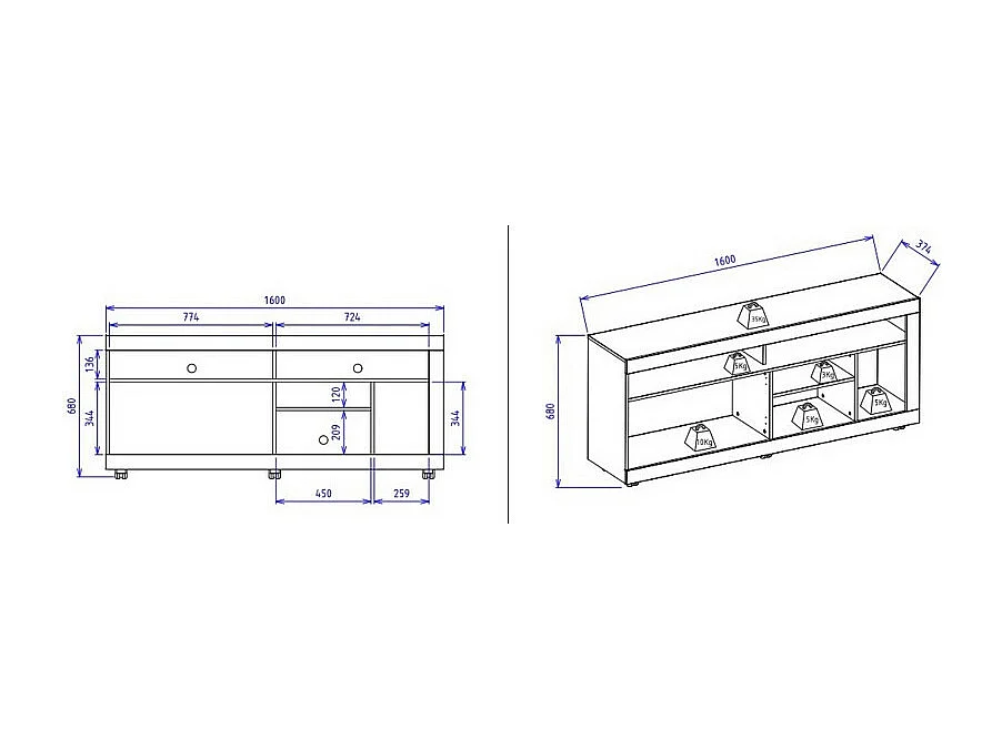 Meuble TV 65 Pouces Chêne et Anthracite 2 Portes 6 Niches Roulettes L 160 H 68 P 37.4 cm