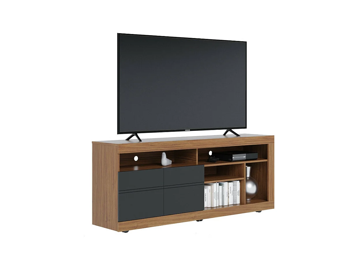 Meuble TV 65 Pouces Chêne et Anthracite 2 Portes 6 Niches Roulettes L 160 H 68 P 37.4 cm