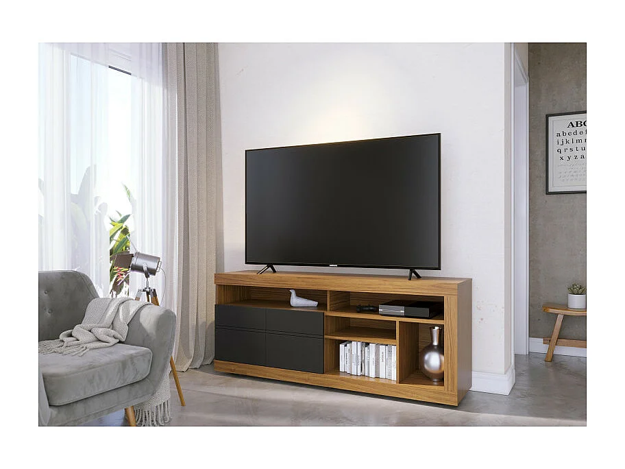 Meuble TV 65 Pouces Chêne et Anthracite 2 Portes 6 Niches Roulettes L 160 H 68 P 37.4 cm