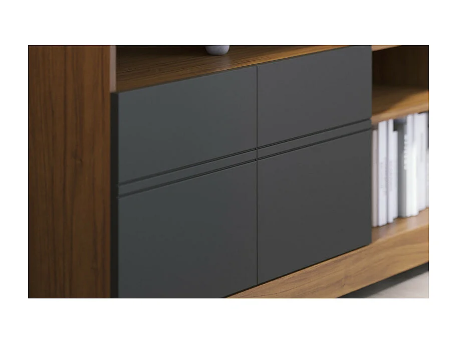 Meuble TV 65 Pouces Chêne et Anthracite 2 Portes 6 Niches Roulettes L 160 H 68 P 37.4 cm