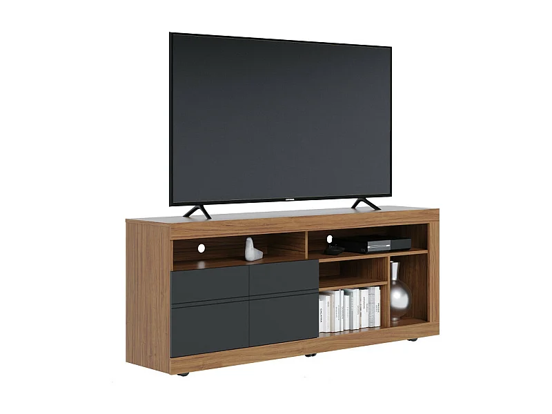 Meuble TV 65 Pouces Chêne et Anthracite 2 Portes 6 Niches Roulettes L 160 H 68 P 37.4 cm