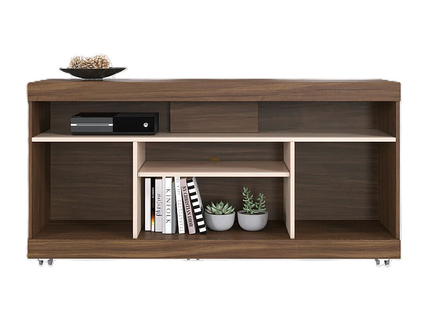 Meuble TV 47 Pouces Noyer et Blanc 2 Portes 5 Niches Roulettes L 136 H 69.8 P 37.4 cm